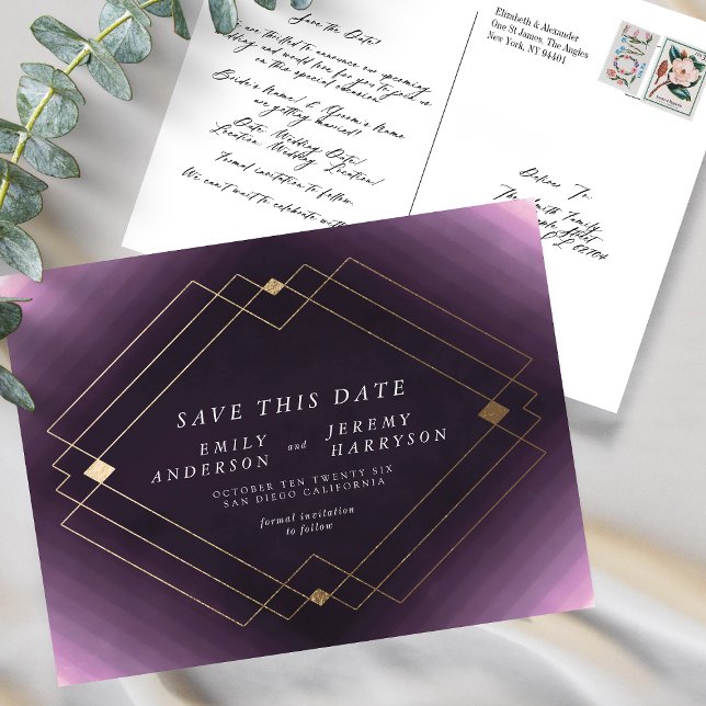 Lila White Gold Deko Lines Save the Date Hochzeit Postkarte (Von Creator hochgeladen)