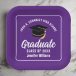 Lila White Graduate 2025 Graduation Party Square Pappteller<br><div class="desc">Diese moderne,  lila-weiße,  maßgeschneiderte Papiertafel der Graduiertengruppe zeigt klassische Typografie Ihres High School- oder Uni-Namens für die Klasse von 2025. Passen Sie mit Ihrem geschlossen Jahr unter der schicken handgeschriebenen Drehbuch und schwarzen Graduiertenkappe für ein großartiges personalisiertes Graduiertendekor.</div>