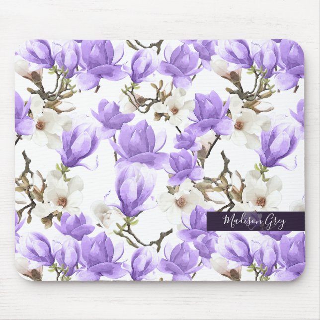 Lila-White Magnolia Blossom Wasserfarbenes Muster Mousepad (Vorne)