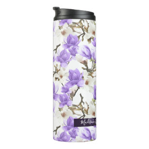 Lila-White Magnolia Blossom Wasserfarbenes Muster Thermosbecher