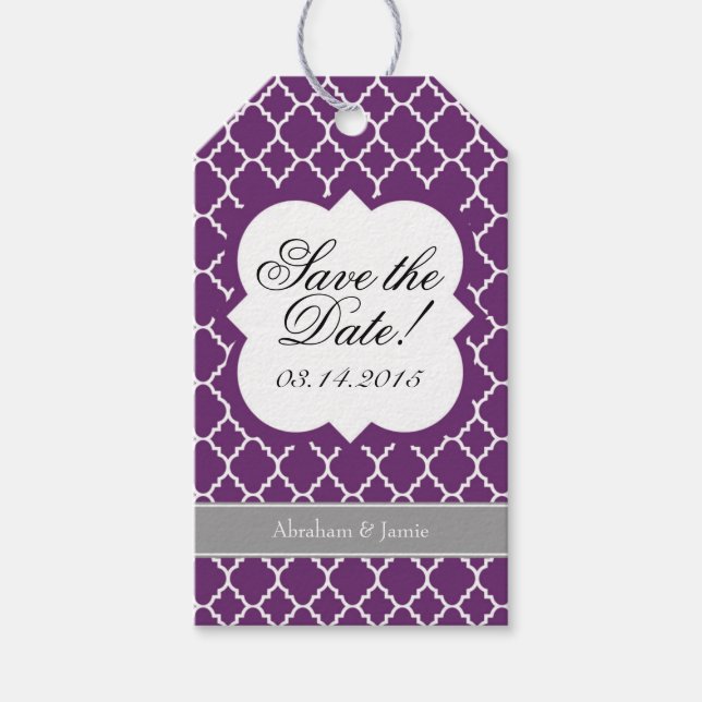 Lila White Quatrefolie Save the Date Markierung Geschenkanhänger (Vorderseite)