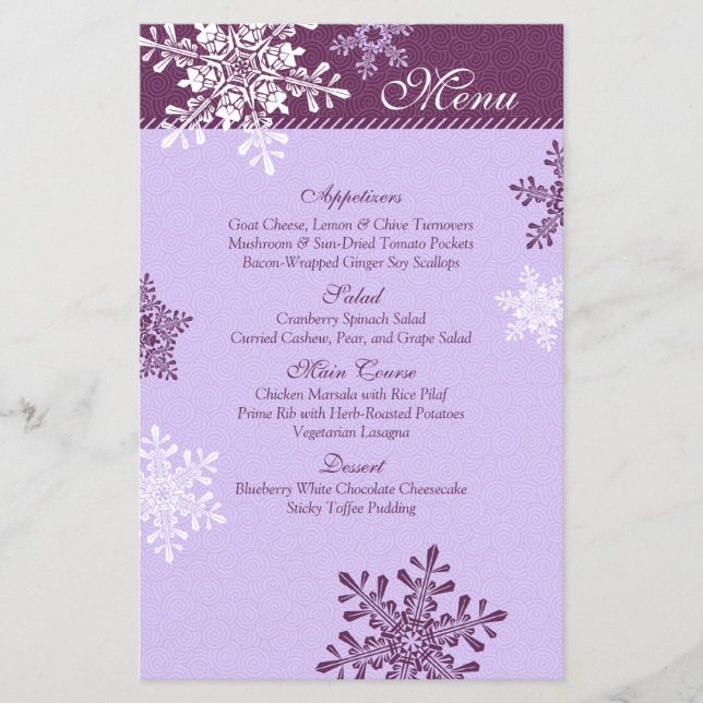 Lila White Snowflakes Winter Wedding Menu Card (Vorderseite)