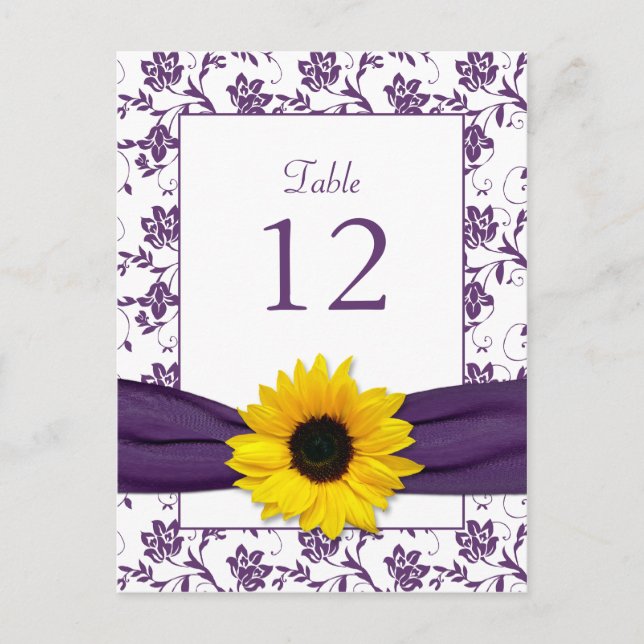 Lila White Sunflower Damask Hochzeitskarte Postkarte (Vorderseite)
