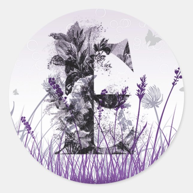 Lila Wiesen und Blume Alphabet - Letter E Girl Runder Aufkleber (Vorderseite)