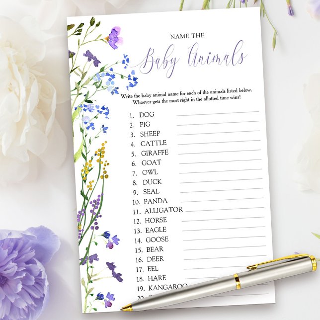 Lila Wildblume Baby Animal Name Quiz Game (Baby Animals Game Card from my Purple Wildflower Collection.)