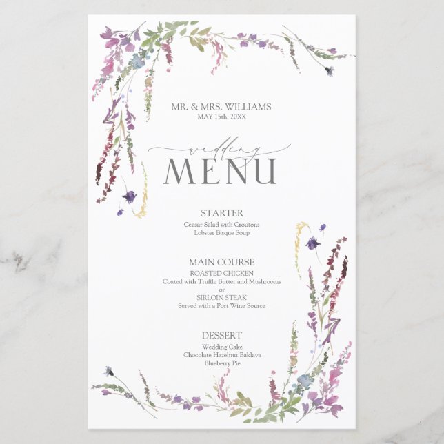 Lila Wildblume Calligraphy Wedding Menu (Vorderseite)