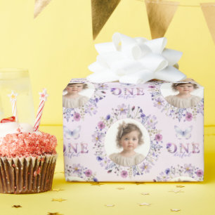 Lila Wildblume Erstes Geburtstag Foto Geschenkwrak Geschenkpapier