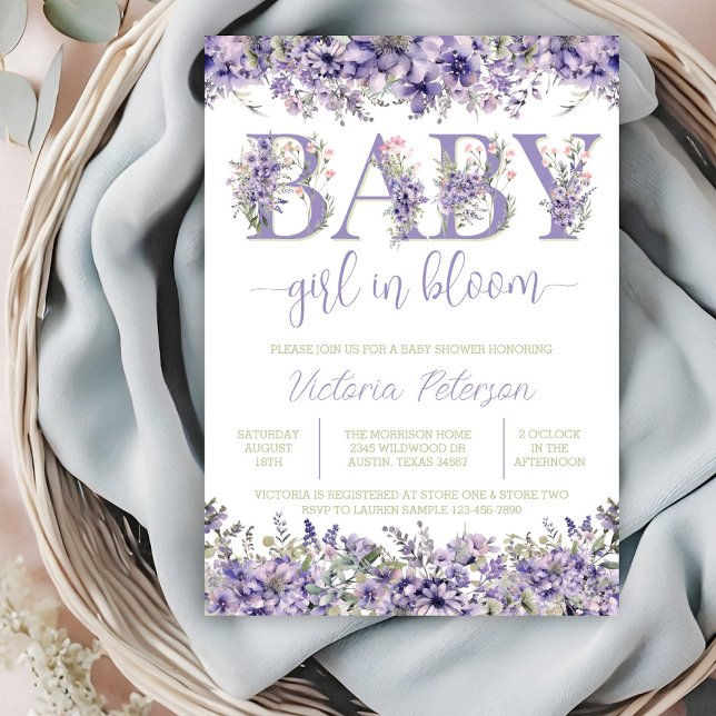 Lila Wildblume Kinderdusche Einladung (Pretty purple lavender watercolor wildflower baby in bloom invitation with floral text.)