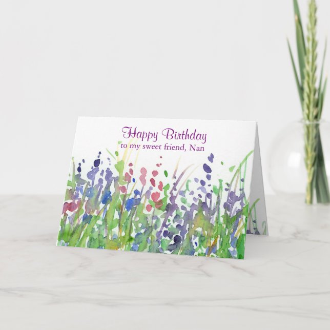 Lila Wildblume Meadow Happy Birthday Friend Karte (Vorderseite)
