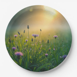 Lila Wildblumen auf der Nebelwiese Pappteller