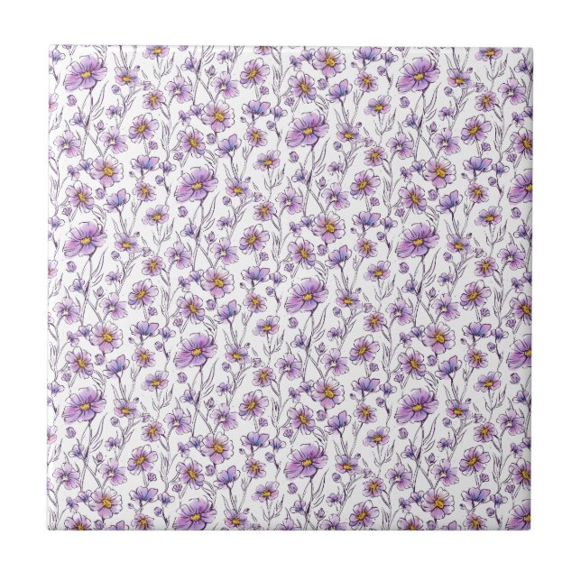 Lila Wildblumen-Botanikmuster-Design Fliese (Vorderseite)