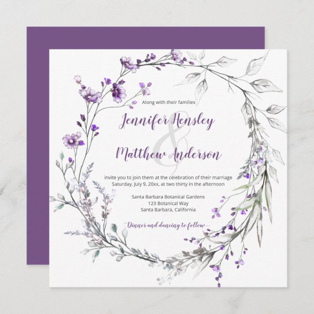 Lila Wildblumen Grünpflanzen Blumenreath | Einladung (Vorne/Hinten)