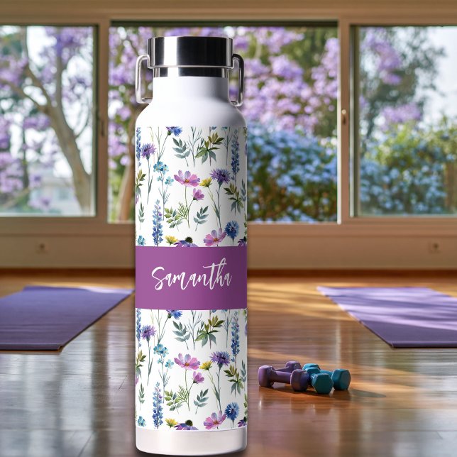 Lila Wildblumen-Wasserfarbe-Monogramm-Name Trinkflasche (Von Creator hochgeladen)