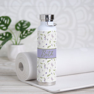 Lila Wildblumen-Wasserfarbe-Monogramm-Name Wasser  Trinkflasche
