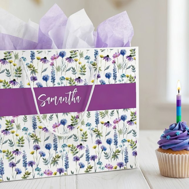 Lila Wildblumen-Wasserfarben-Monogramm-Name Große Geschenktüte (Von Creator hochgeladen)