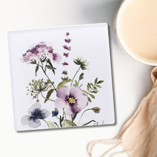 Lila Wildblumenstrauß Aquarell Blumen Glasuntersetzer