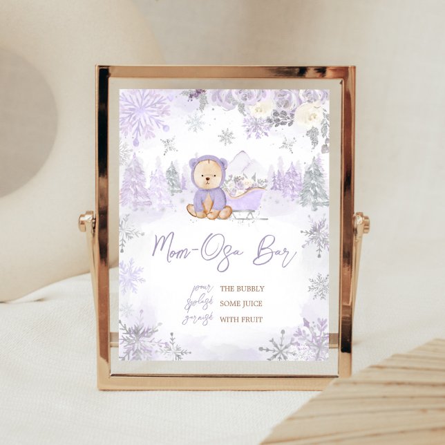 Lila Winter Bear Baby Dusche Mama Osa Bar Poster (Purple Teddy Bear Baby Shower Mom Osa Bar Sign)