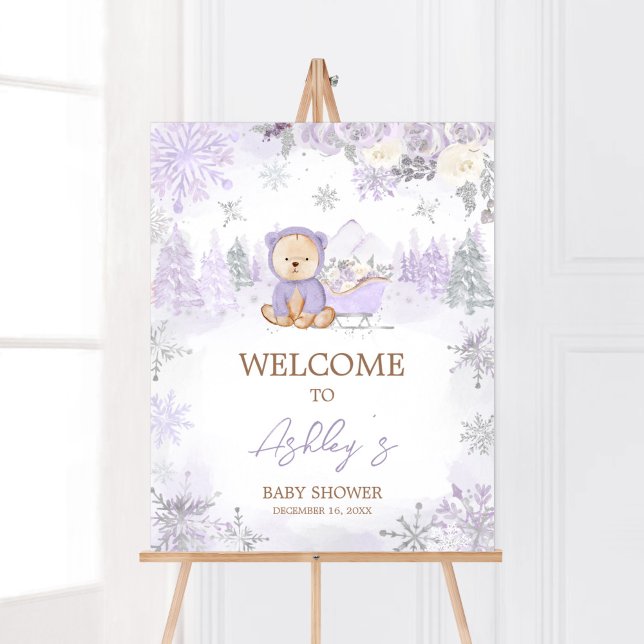 Lila Winter Bear Baby Dusche Willkommen Poster (Purple Teddy Bear Baby Shower Welcome Sign)