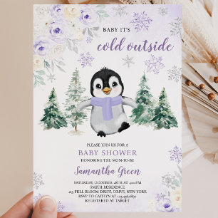 Lila Winter Pinguin Kinderdusche Einladung