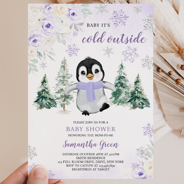 Lila Winter Pinguin Kinderdusche Einladung (Von Creator hochgeladen)