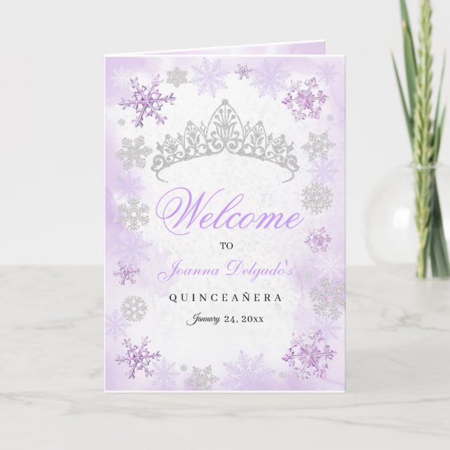 Lila Winter Wonderland Quinceanera-Programm Einladung (Vorderseite)