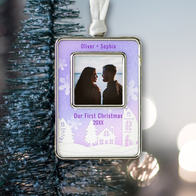 Lila Winter Wonderland Snowy Houses Foto Rahmen-Ornament Silber (Von Creator hochgeladen)