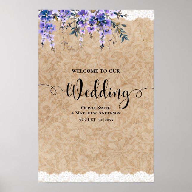 Lila Wisteria-Blume Hochzeit Begrüßungsfeier Poster (Vorne)