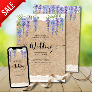 Lila Wisteria Blume Hochzeit rustikale Spitzenauss Einladung