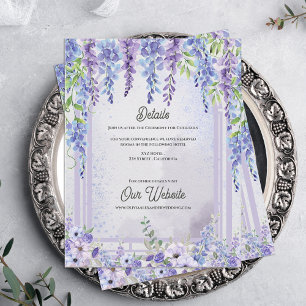 Lila Wisteria Blumenbogen Hochzeitsdetails Begleitkarte