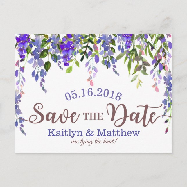Lila Wisteria Floral Drop Save the Date Ankündigungspostkarte (Vorderseite)