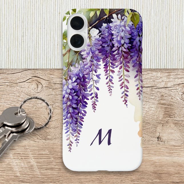 Lila Wisteria Locarno Case-Mate iPhone Hülle (A chic monogrammed phone case, with purple wisteria illustration in a watercolor style)