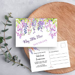 Lila Wisteria Locarno Save the Date Ankündigungspostkarte<br><div class="desc">Aquarellfarben Save the Date, Tropfen in hübsche Glyzinie, die Sie für jeden Anlass bearbeiten können. Ihr besonderes Datum wird auf der Vorderseite in lila, handgeschriebener Schrift gerahmt mit Aquarellwein-Blume in lila, Lavendeltönen, Rosa und Lila mit ein wenig Grün. Auf der Rückseite der Postkarte können Sie sich Ihren Namen, Ihren Anlass...</div>