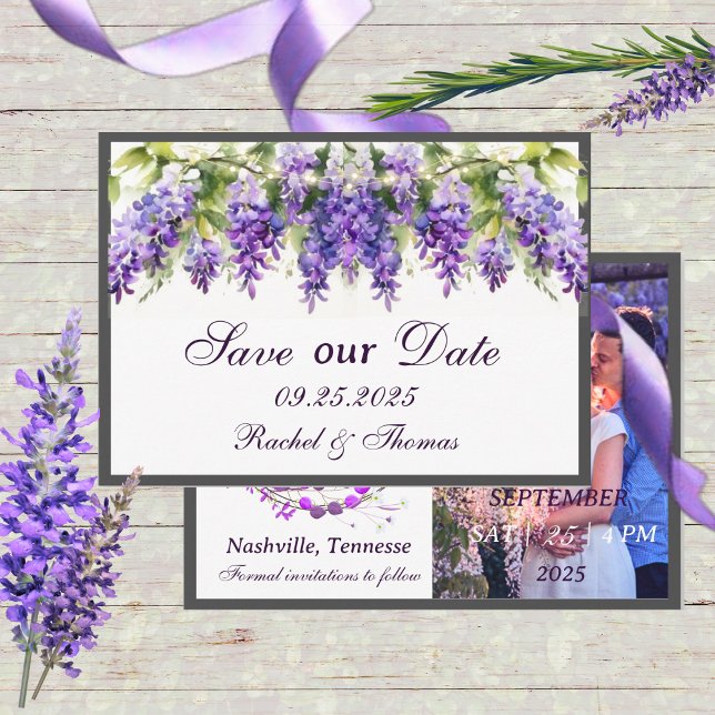 Lila Wisteria Themed Wedding Save the Date Card Einladung (Von Creator hochgeladen)