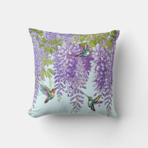 Lila Wisteria und Hummingvögel Kissen