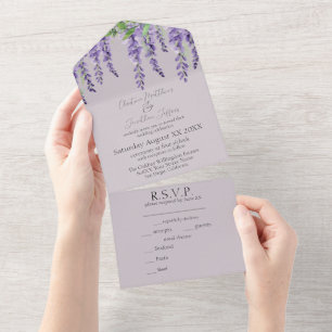 Lila Wisterienblüten Elegante Lavendel-Hochzeit All In One Einladung