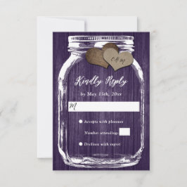 Lila Wood Mason Jar Hearts Initials Wedding RSVP Karte