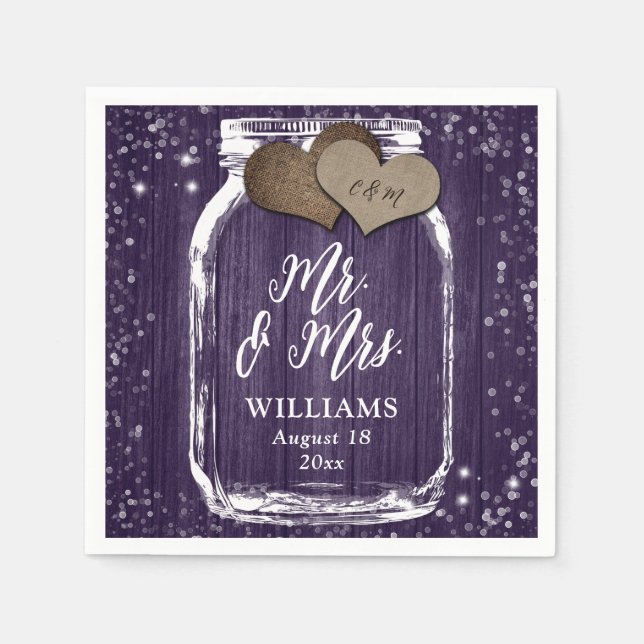 Lila Wood Mason Jar Rustic Mr. & Mrs. Wedding Serviette (Vorderseite)