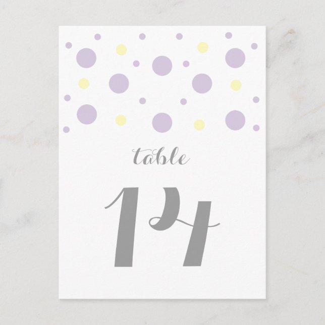 Lila Yellow Confetti Tischnummer Postkarte (Vorderseite)