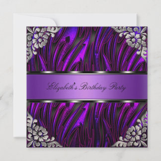Lila Zebra Silver Floral Geburtstagsparty Einladung