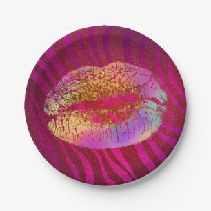 Lila Zebradruck Regenbogen Gold Glitter Lippen Par Pappteller