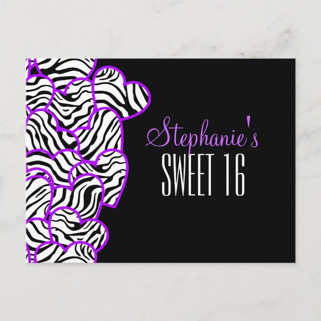Lila Zebraherzen Sweet 16 Geburtstag Postkarte (Vorderseite)