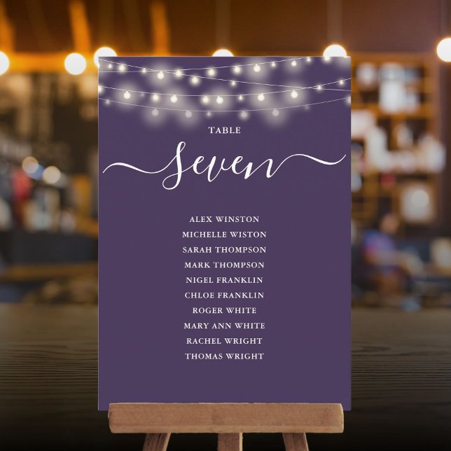 Lila Zeichenketten-Tischnummer Einladung (Purple String Light Table Number Seating Chart)