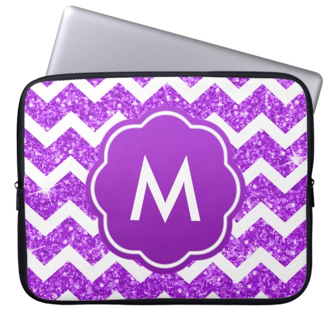 Lila Zickzack Glitzer-Monogramm Laptopschutzhülle (Vorderseite)
