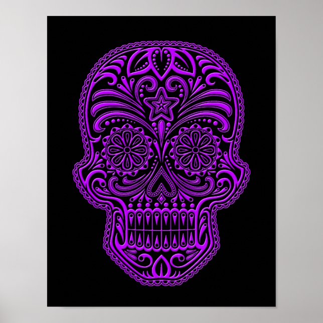 Lila Zuckerschädel auf schwarz Poster (Vorne)