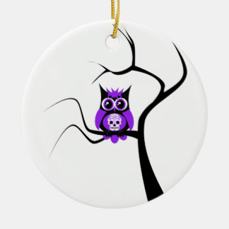 Lila Zuckerschädel-Eule in der Baum-Verzierung Keramikornament