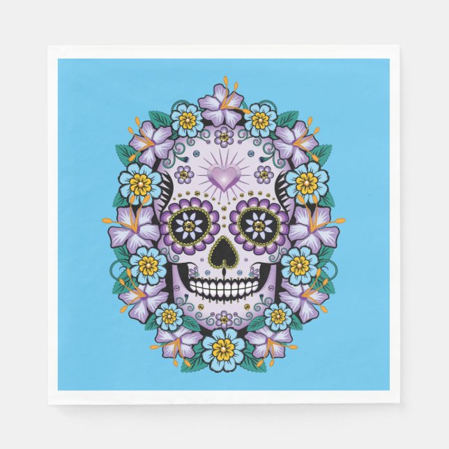 Lila Zuckerschädel mit Blume Serviette (Vorderseite)