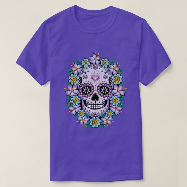 Lila Zuckerschädel mit Blume T-Shirt (Design vorne)