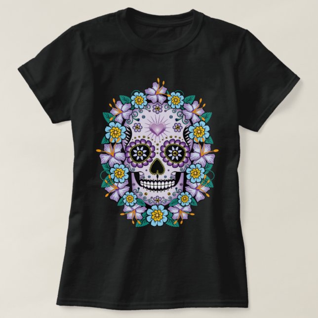 Lila Zuckerschädel mit Blume T-Shirt (Design vorne)