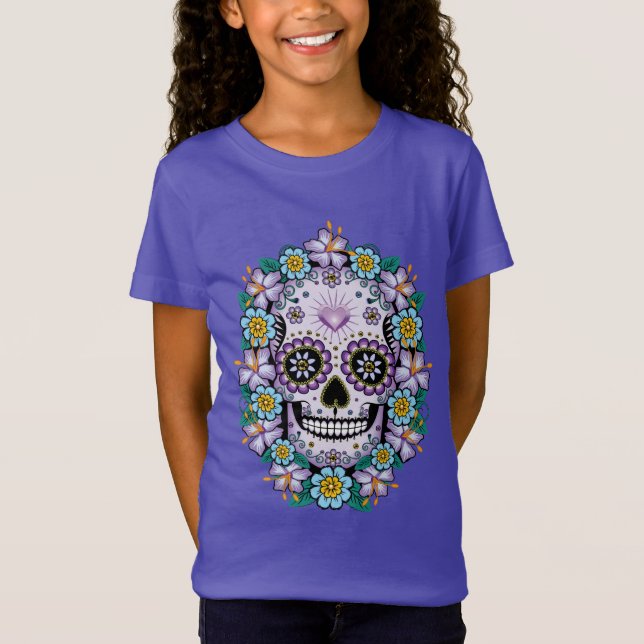 Lila Zuckerschädel mit Blume T-Shirt (Vorderseite)