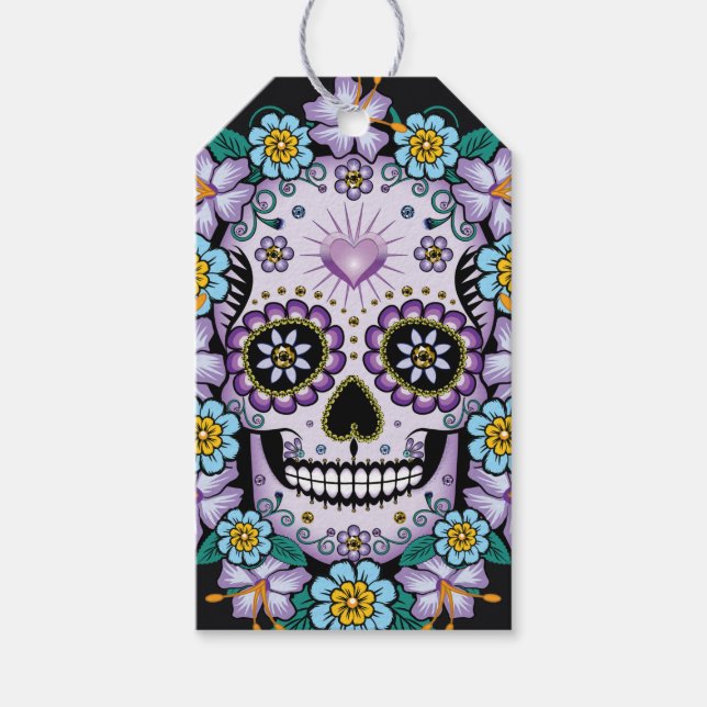 Lila Zuckerschädel mit Blumen Geschenkanhänger (Vorderseite)